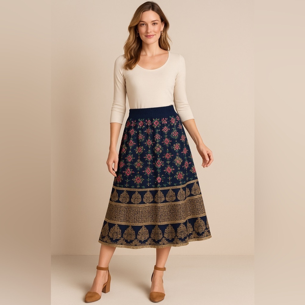Soft Surroundings Endless Night Embroidered Navy Gold Pink Maxi Skirt Boho M